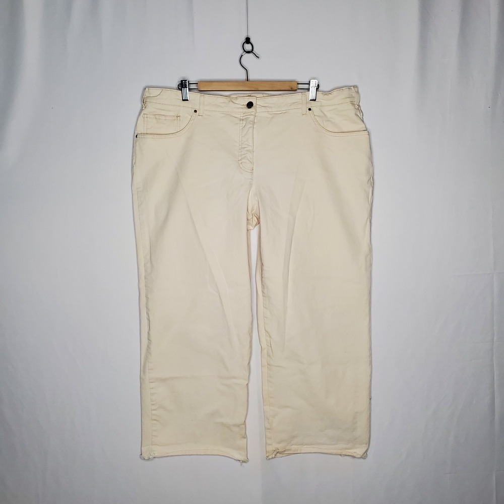 Pure Ulla Popken Crop Jeans Womens 22 Cream Denim Raw Fringe Hem Wide‎ Leg